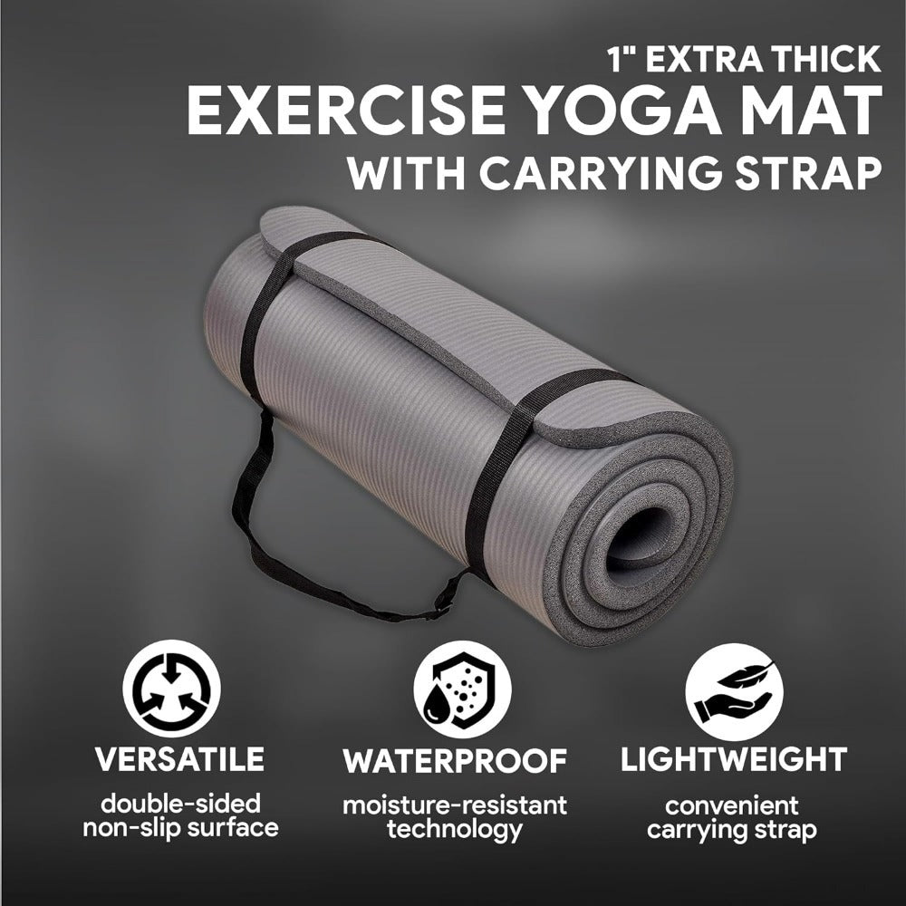 BalanceFrom All-Purpose 1-Inch Extra Thick High Density Anti-Tear Exercise Yoga Mat with Carrying Strap, Multiple Colors